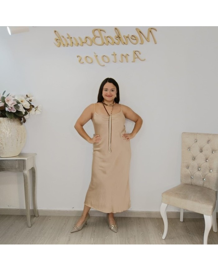 Vestido Midi Satén Lencero Tirantes Finos | Crudo Gala | Eventos y Fiesta