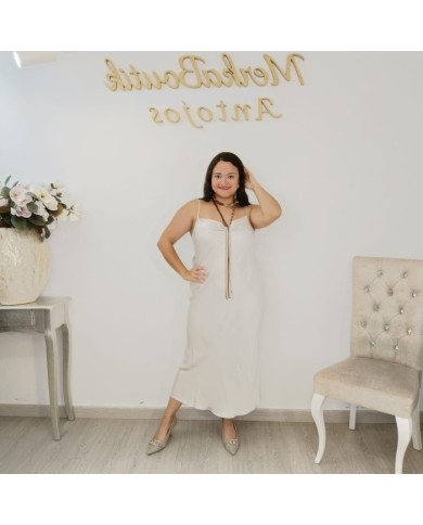 Vestido Midi Satén Lencero Tirantes Finos | Crudo Gala | Eventos y Fiesta