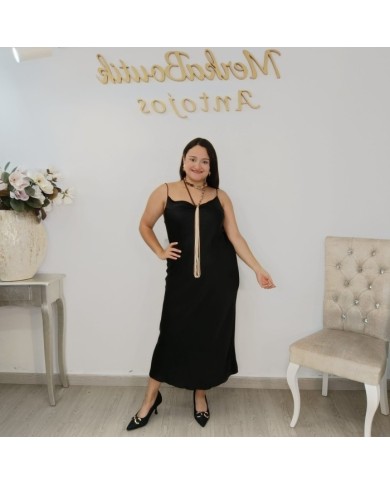 Vestido Midi Satén Lencero Tirantes Finos | Crudo Gala | Eventos y Fiesta