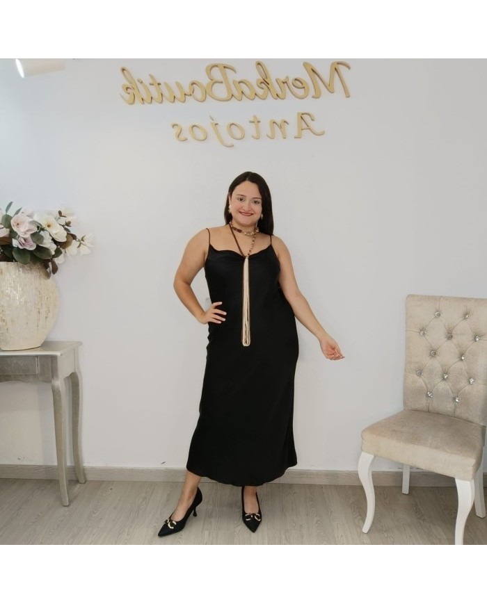 Vestido Midi Satén Lencero Tirantes Finos | Crudo Gala | Eventos y Fiesta