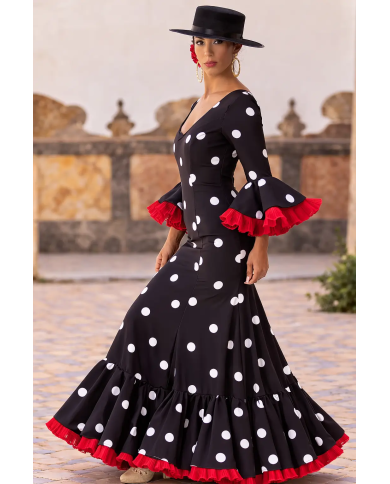 Vestido Realeza Lunar Grande en negro con lunar blanco y detalle rojo para mujer, talla única de la 48 a la 58