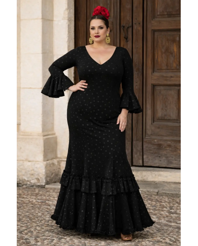 Vestido flamenco pantojero negro de lunares con volantes en modelo talla 48 | Moda flamenca Merkaboutik