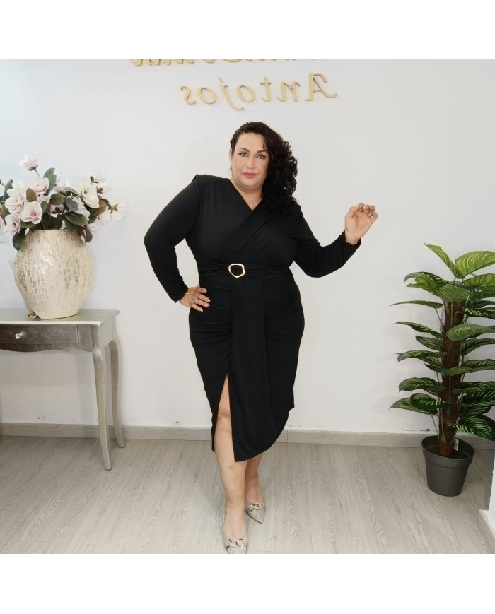 Vestido Midi Ajustado Drapeado Escote V | Hebilla Dorada Zulima | Eventos