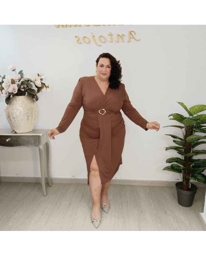 Vestido Midi Ajustado Drapeado Escote V | Hebilla Dorada Zulima | Eventos