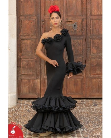 Vestido Rosas de un hombro con flores en escote y volantes flamencos para mujer