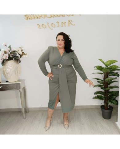 Vestido Midi Ajustado Drapeado Escote V | Hebilla Dorada Zulima | Eventos