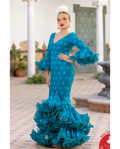 Vestido Cortes turquesa de lunares con mangas y volantes plisados flamencos para mujer