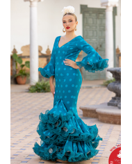 Vestido Cortes turquesa de lunares con mangas y volantes plisados flamencos para mujer