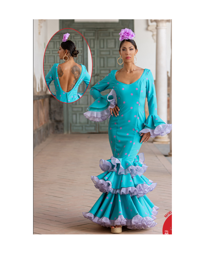 Vestido Aitana Lunar turquesa con lunares rosas, espalda pronunciada y volantes plisados flamencos para mujer