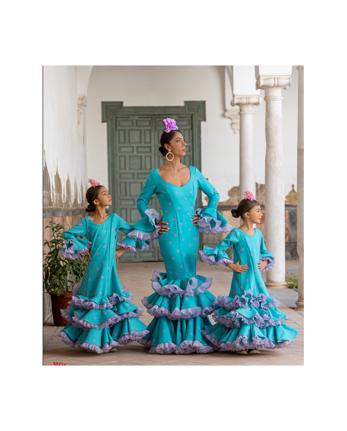 Vestido Aitana Lunar Niña turquesa con lunares rosas y volantes plisados flamencos