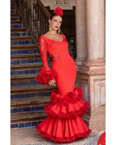 Vestido Trinidad con mangas de encaje y grandes volantes flamencos para mujer