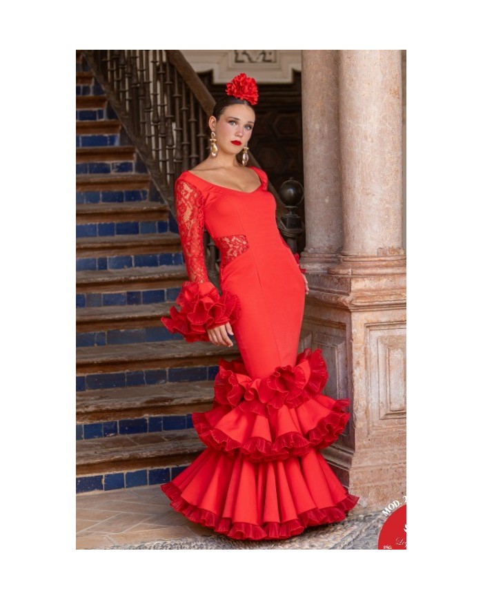 Vestido Trinidad con mangas de encaje y grandes volantes flamencos para mujer