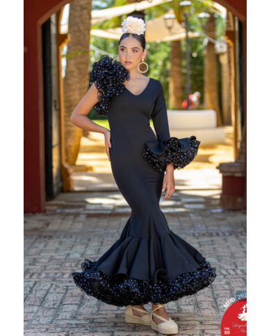 Vestido Ana Lunar Combinado negro de un hombro con volantes de lunares para mujer