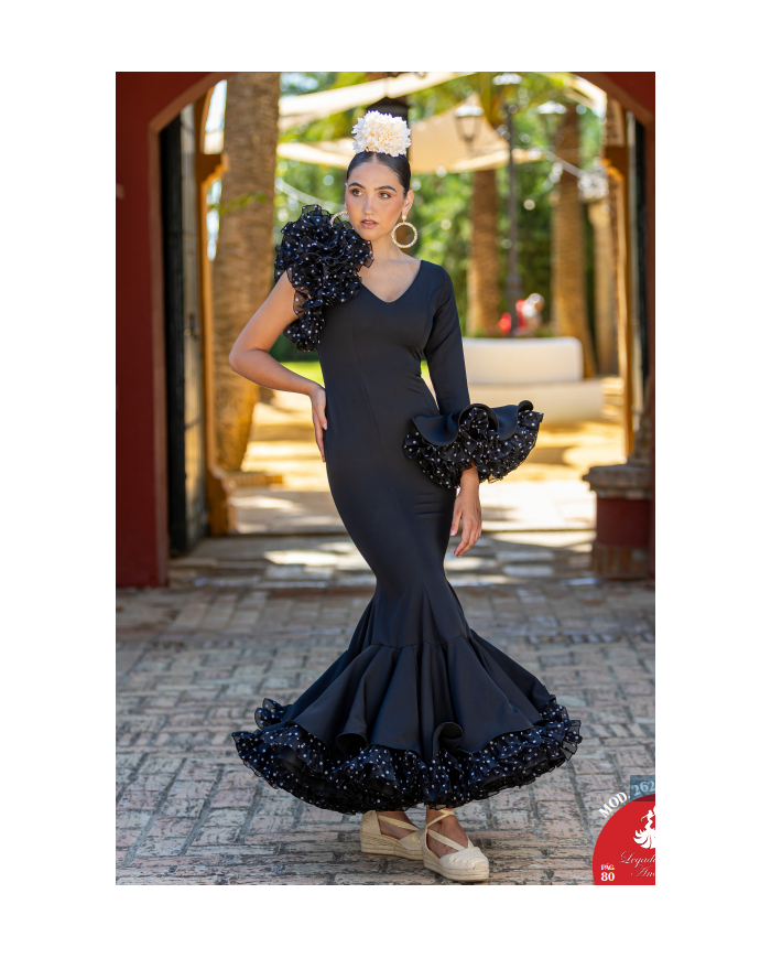 Vestido Ana Lunar Combinado negro de un hombro con volantes de lunares para mujer