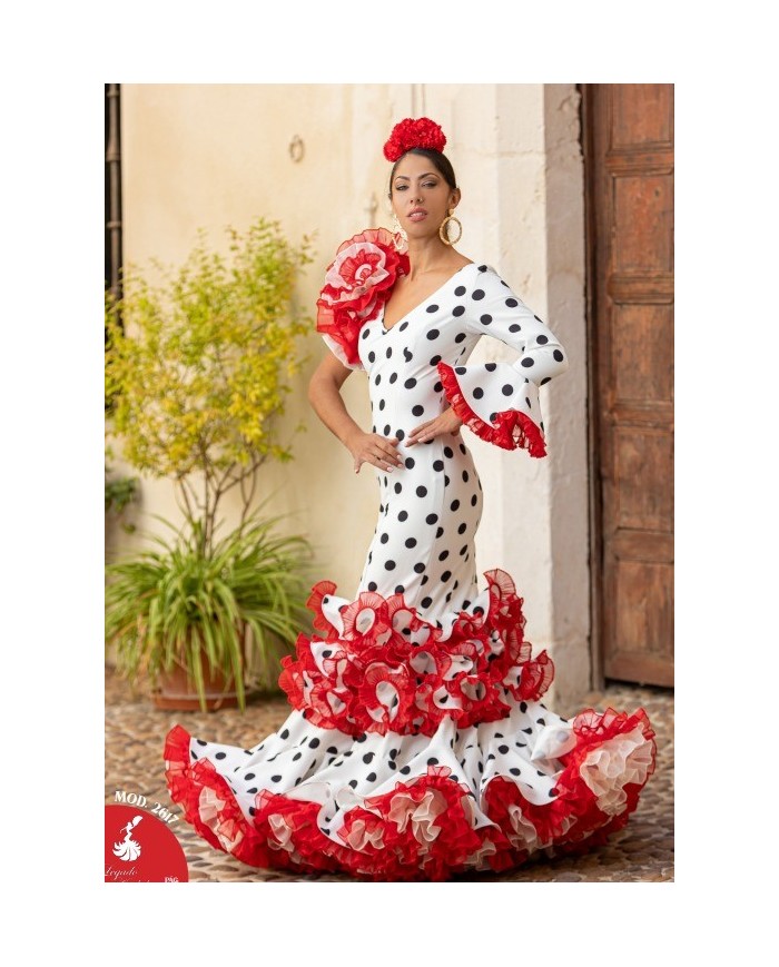 Vestido Maribel con volantes rojos y flor flamenca en el hombro para mujer
