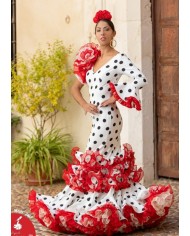 Vestido Maribel con volantes rojos y flor flamenca en el hombro para mujer