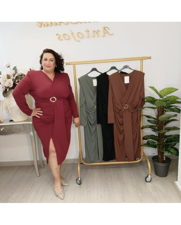 Vestido Midi Ajustado Drapeado Escote V | Hebilla Dorada Zulima | Eventos