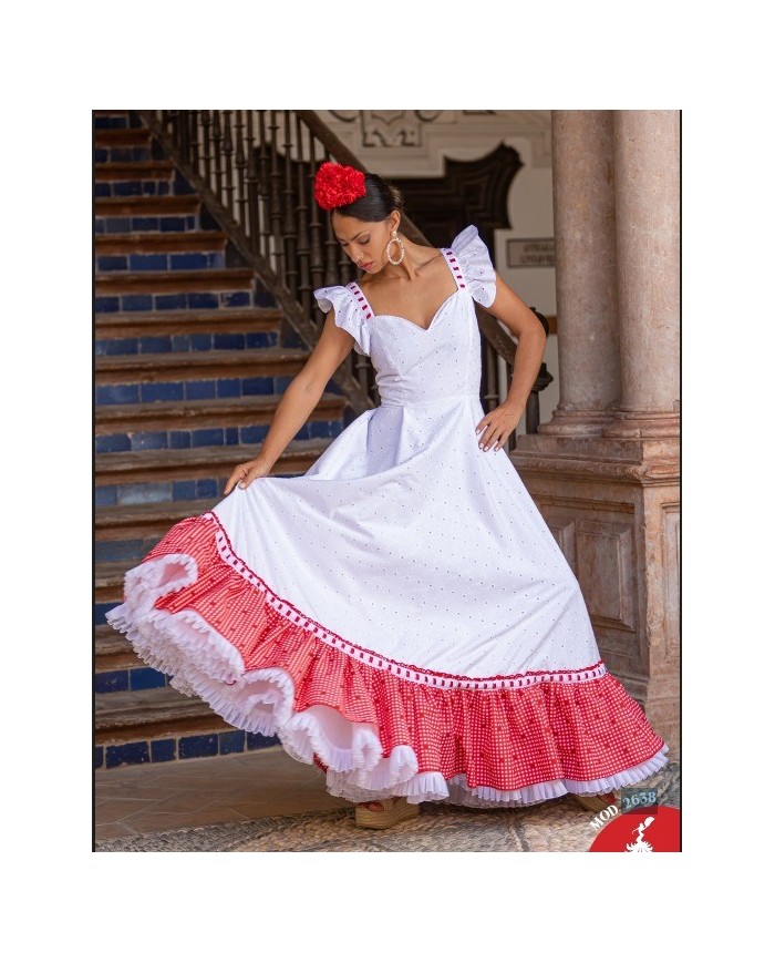 Bata Capilla blanca con vuelo, escote corazón y volante vichy rojo para mujer