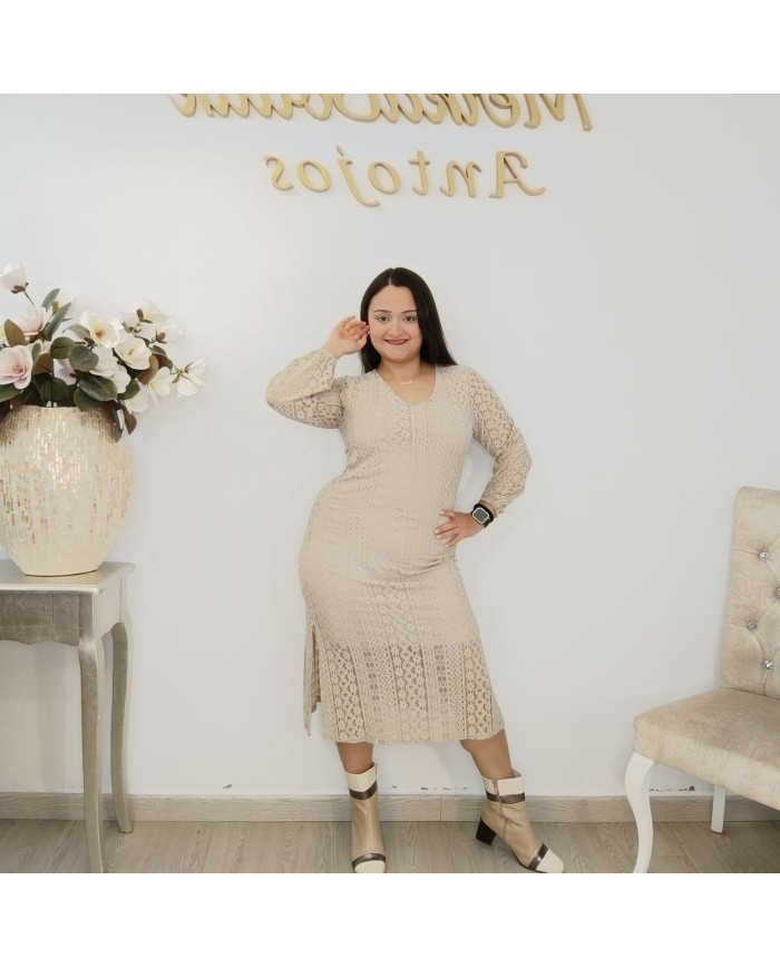 Vestido Midi Encaje Guipur Forrado | Manga Larga Crudo | Eventos y Fiesta