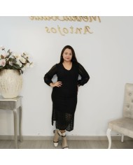 Vestido Midi Encaje Guipur Forrado | Manga Larga Crudo | Eventos y Fiesta