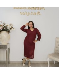 Vestido Midi Encaje Guipur Forrado | Manga Larga Crudo | Eventos y Fiesta