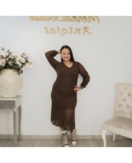 Vestido Midi Encaje Guipur Forrado | Manga Larga Crudo | Eventos y Fiesta