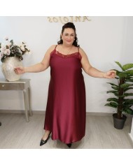 Vestido Maxi Satén Lencero Encaje | Tirantes Finos Burdeos | Vestido de Gala