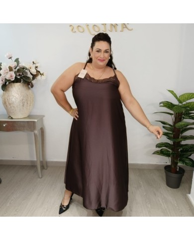 Vestido Maxi Satén Lencero Encaje | Tirantes Finos Burdeos | Vestido de Gala