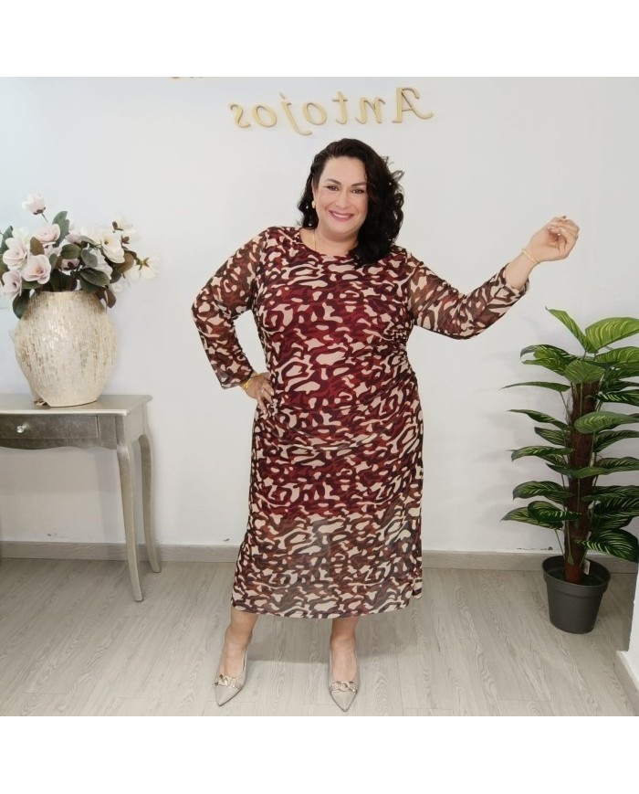 Vestido Midi Gasa Estampado Animal Print | Manga Larga Forrado | Salvaje