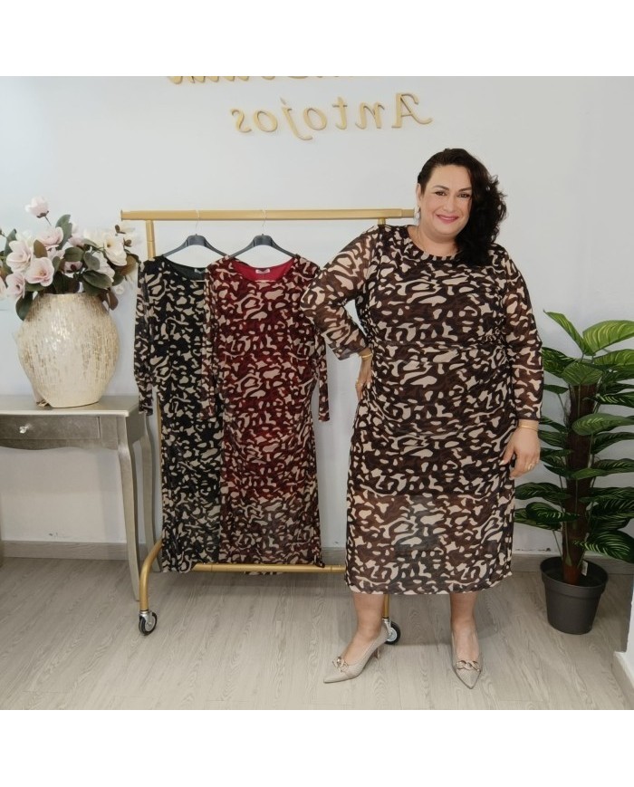 Vestido Midi Gasa Estampado Animal Print | Manga Larga Forrado | Salvaje