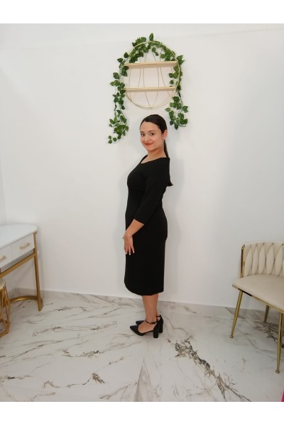 Vestido Cautivo negro midi manga francesa elegante | Merkaboutik