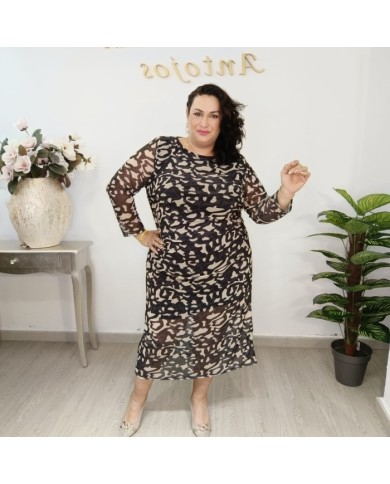 Vestido Midi Gasa Estampado Animal Print | Manga Larga Forrado | Salvaje