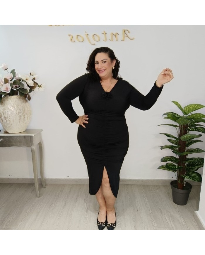 Vestido Midi Negro Ajustado Drapeado | Rosa 3D Escote V Pasión | Fiesta