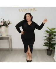 Vestido Midi Negro Ajustado Drapeado | Rosa 3D Escote V Pasión | Fiesta