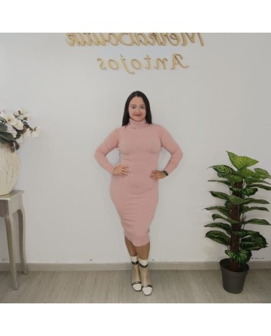 Vestido Midi Punto Ajustado Cuello Vuelto | Manga Larga Fucsia y Más Colores