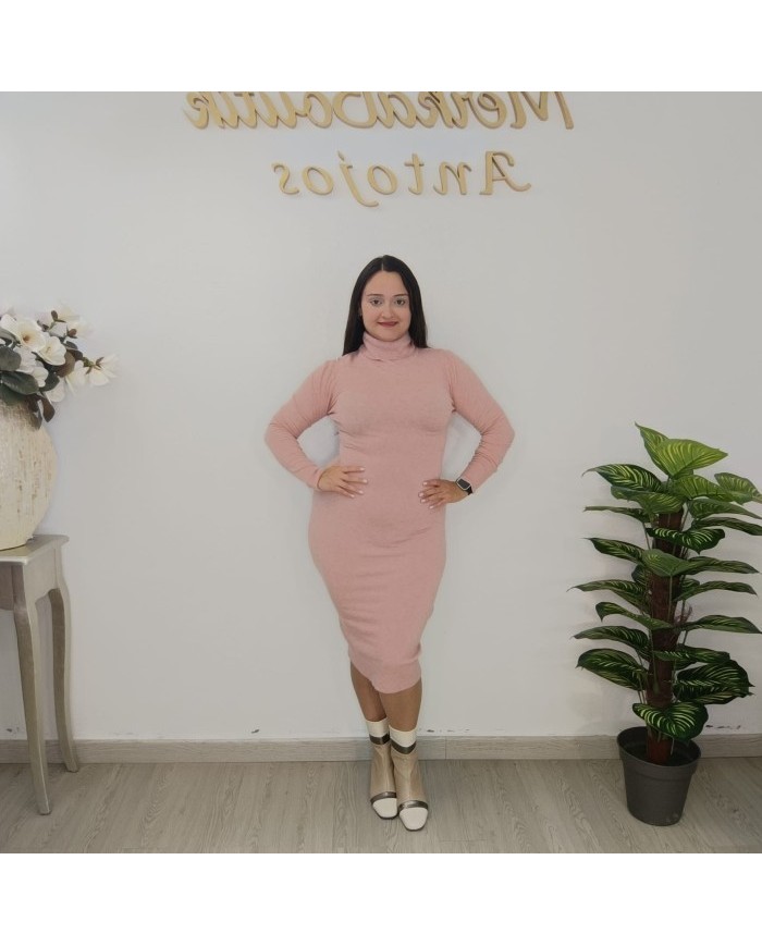 Vestido Midi Punto Ajustado Cuello Vuelto | Manga Larga Fucsia y Más Colores