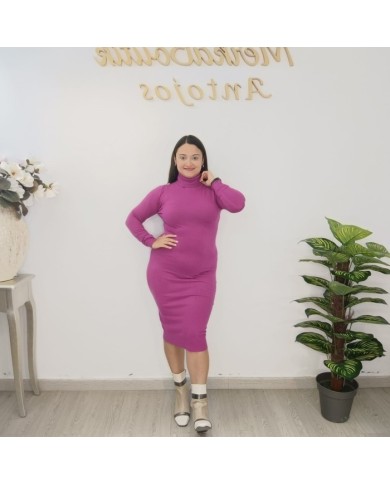 Vestido Midi Punto Ajustado Cuello Vuelto | Manga Larga Fucsia y Más Colores