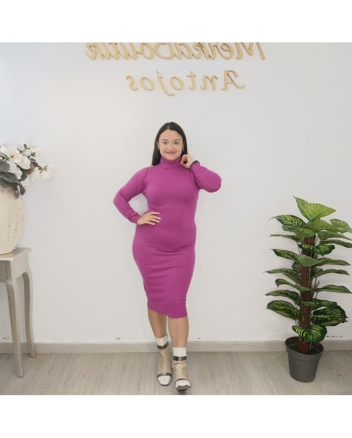 Vestido Midi Punto Ajustado Cuello Vuelto | Manga Larga Fucsia y Más Colores