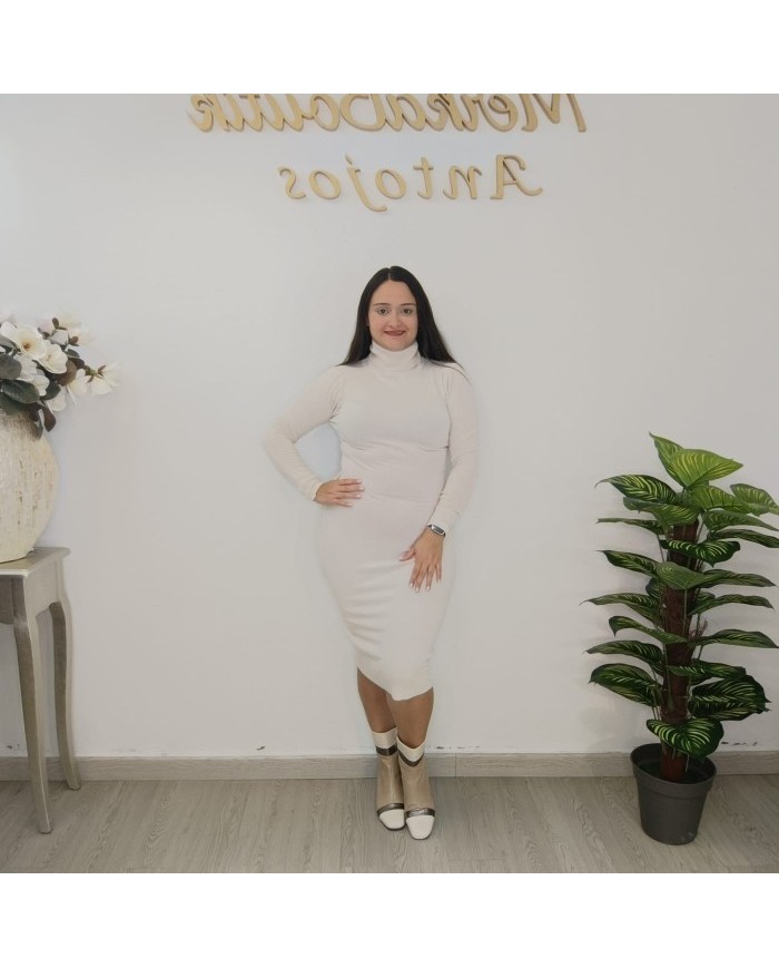 Vestido Midi Punto Ajustado Cuello Vuelto | Manga Larga Fucsia y Más Colores