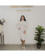 Vestido Midi Punto Ajustado Cuello Vuelto | Manga Larga Fucsia y Más Colores