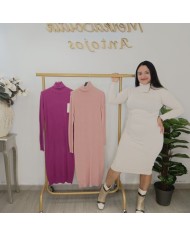 Vestido Midi Punto Ajustado Cuello Vuelto | Manga Larga Fucsia y Más Colores