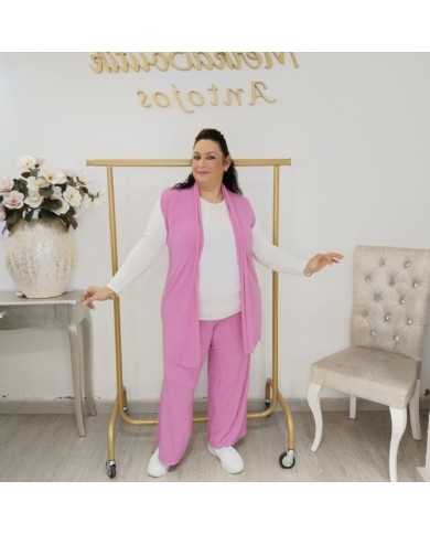 Conjunto Chaleco Largo y Pantalón Recto | Tejido Ligero Rosa Greca