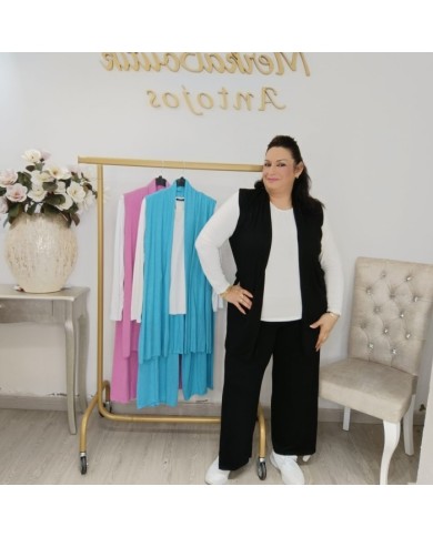 Conjunto Chaleco Largo y Pantalón Recto | Tejido Ligero Rosa Greca