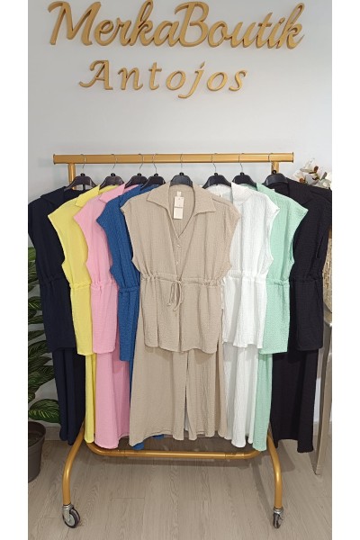 Conjunto rugoso manga corta Adela para mujer cómodo y versátil