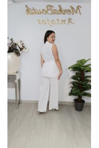 Conjunto Chariny elegante en azul marino con cinturón lazada y pantalón fluido