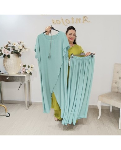 Conjunto Blusón Asimétrico y Pantalón Gasa Plisada | Menta Invitada Naima