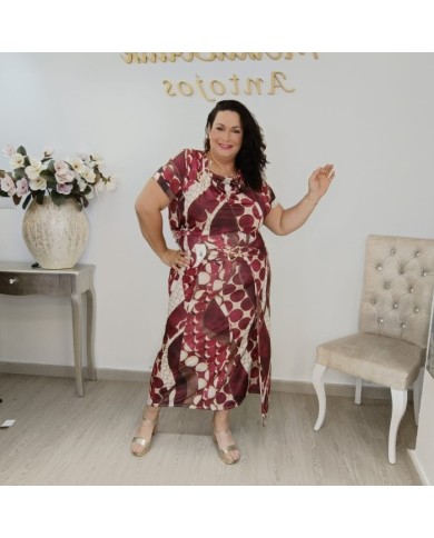 Conjunto Blusón y Falda Larga Estampado Círculos | Fluido Borgoña Yuyita