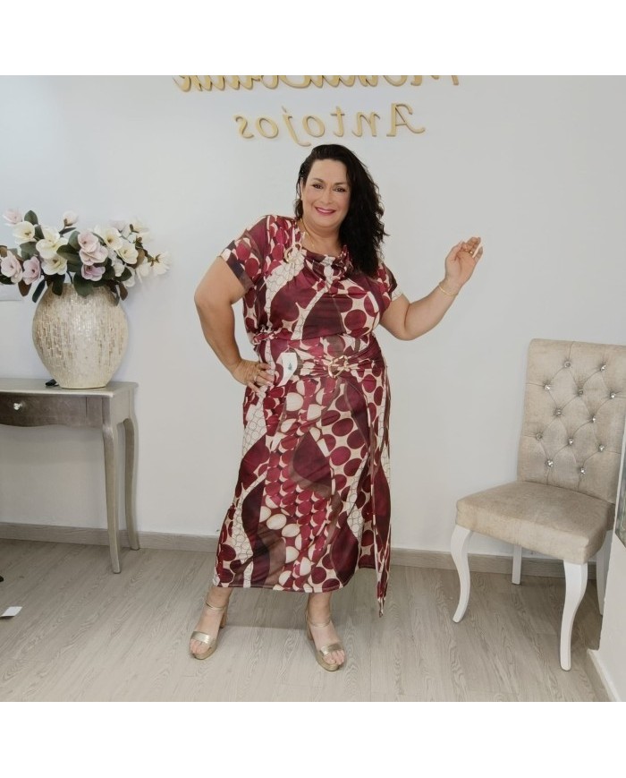 Conjunto Blusón y Falda Larga Estampado Círculos | Fluido Borgoña Yuyita