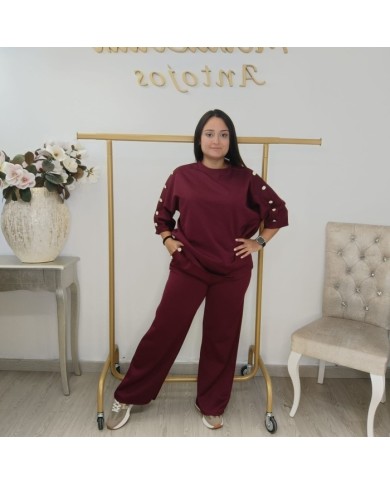 Conjunto Sudadera Botones Manga Codo y Pantalón | Borgoña Deportivo Botoncitos