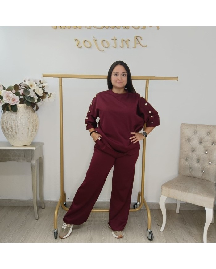 Conjunto Sudadera Botones Manga Codo y Pantalón | Borgoña Deportivo Botoncitos